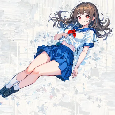 super detailed,masterpiece, highest quality,figure,sailor suit,slanted eyes,straight hair,brown hair,side part,super dense skin,beautiful and fine eyes,short sleeve shirt,red eyes,(medium breasts:1.1), (A raised and well-defined bust:1.1), (lifted chest:1....