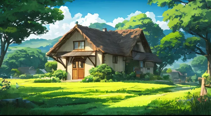 a small house,grass,ghibli style aesthetic,cosy,bright,beautiful,full HD,