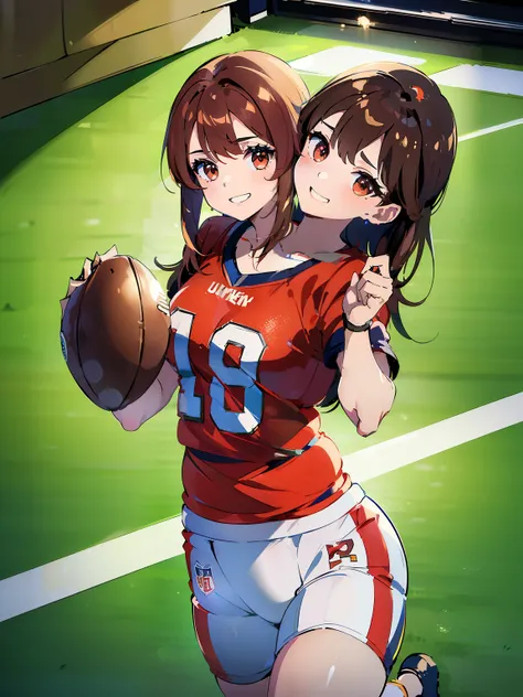 best quality, (masterpiece),(ultra-detailed), (high quality), (high resolution), ((2heads:1.5)), best quality:1.5, highres, UHD, 4K), smiling, highres, masterpiece, 4k, (brown hair), red hair, ((football t shirt)), ((Super Bowl)), (football stadium), ((foo...