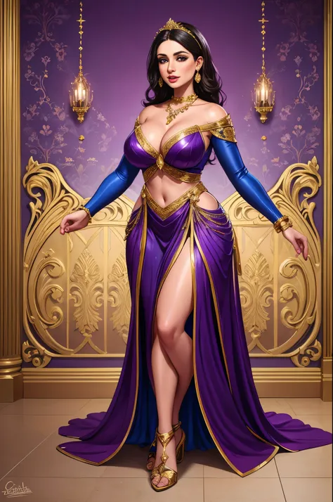 a woman in a purple and blue outfit with a necklace on her  neck, handsome princess of persia, female character design, full body character portrait