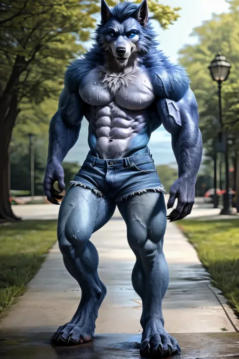 (((adult))), abs, pecs, biceps, triceps, quads, back muscles, obliques, serratus, deltoids, v-cut, muscular butt, wide hips, thick thighs, nipples, ((werewolf)), ((canine)), (furry), ((blue_fur)), ((white_chest)), blue_eyes, anthro, anthromorphic, solo, ma...