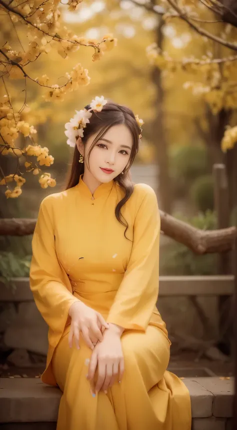 masterpiece, best quality, realistic, cinematic,
1girl, sitting, close-up portrait, red aodai, (smile:0.8), (yellow apricot blossom, (potted flowers:0.8), flowers, falling petals, tree branch),  flower in hair, walking in garden