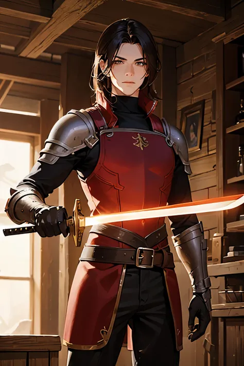 A adventurer wearing rouge armor and standing in a tavern, he has a sword on his side, he has middle part hair, high quality,realistic,repaired face,repaired hands
