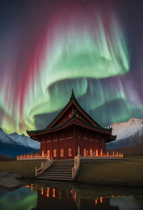 in a serene valley, an old temple is surrounded by a magnificent and colorful aurora. the light of the aurora penetrates the tem...