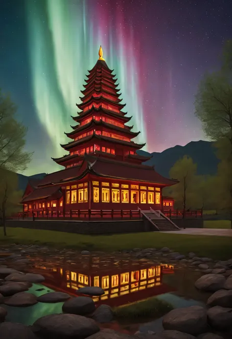 in a serene valley, an old temple is surrounded by a magnificent and colorful aurora. the light of the aurora penetrates the tem...