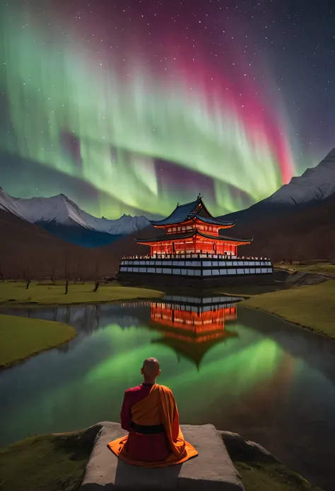 in a serene valley, an old temple is surrounded by a magnificent and colorful aurora. the light of the aurora penetrates the tem...