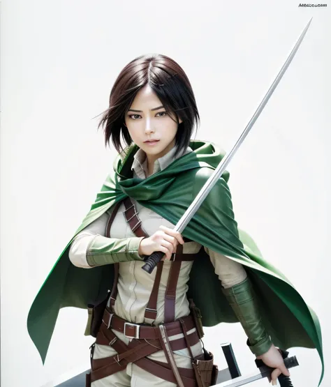 a close up of a female holding a sword and a green cape, mikasa ackerman, from attack on titan, female character, realistic, ultra detail