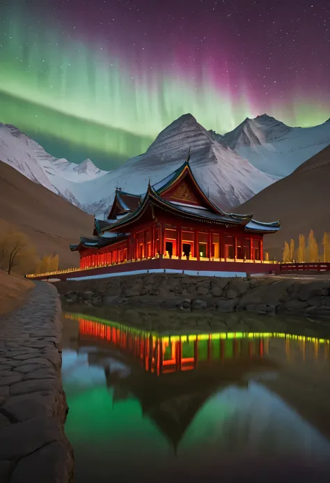 in a serene valley, an old temple is surrounded by a magnificent and colorful aurora. the light of the aurora penetrates the tem...