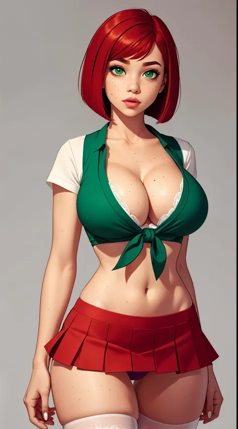 Light skin, bob cut, cleavage, tied shirt, midriff, flashing red panties, short skirt, stockings, green eyes, red hair, freckles, large breasts, blank background