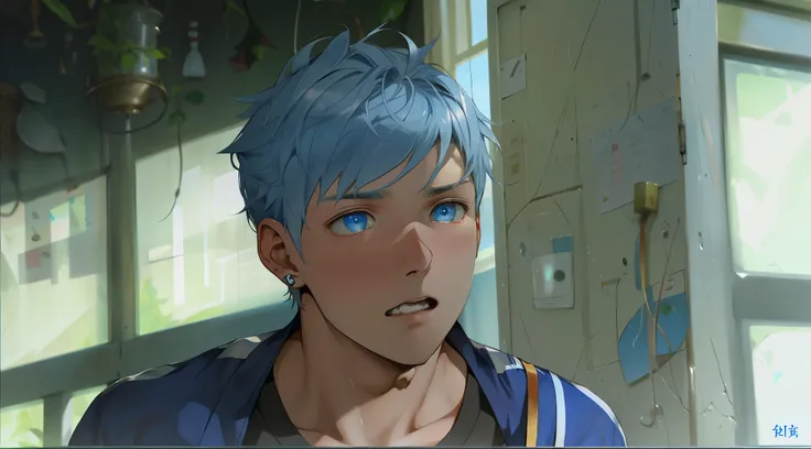 cute young man of 17 years old is puzzled tries to remind someone of something but can&#39;tsilver hair blue eyes closeup he is asking something with curiosity  