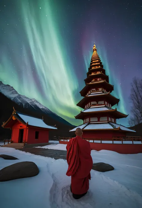 In a serene valley, an old temple is surrounded by a magnificent and colorful aurora. The light of the aurora penetrates the temples glazed tiles, Color the entire structure red. In front of the temple, a babbling creek meanders, reflecting the colors of t...