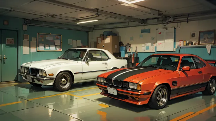 Inside a house garage, in the style of Japan; in garage there is are BMW fully cusdtomized, and a desk with a computer that runs emulation software, the shot is inside the garage, that has some windows and you can see outside it is day and it rains; it is ...