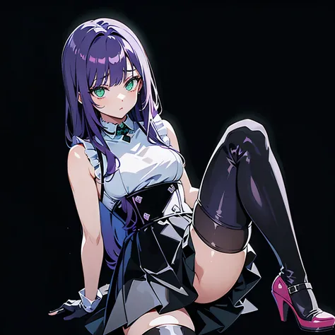 cute anime girl, long purple hair to shoulder, beautiful green eyes, black skirt, black gloves, black over-knee socks, bright red high heel shoes, anime, best quality, masterpiece, highres, anatomically correct, bare neck, pure white top