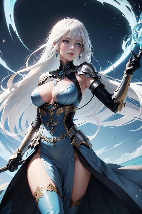 reate a white-haired woman character from RPG games, in a dynamic pose. --s2

This woman exudes an aura of mystery and power, with her long, flowing white hair cascading down her back in a windswept manner. Her piercing blue eyes are fixed on an unseen hor...