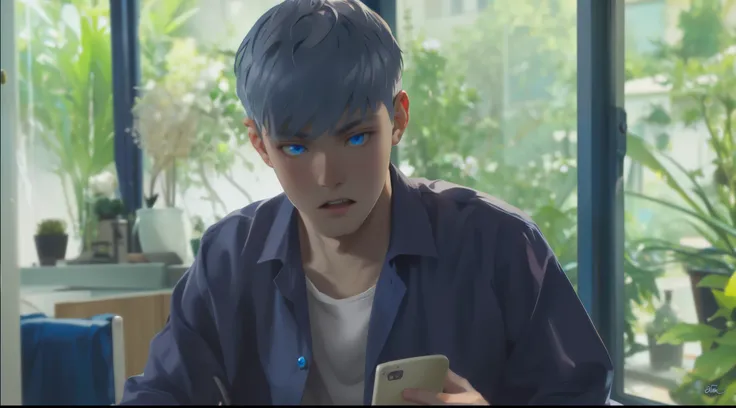 cute young man of 17 years old is puzzled tries to remind someone of something but can&#39;tsilver hair blue eyes closeup he is asking something with curiosity  