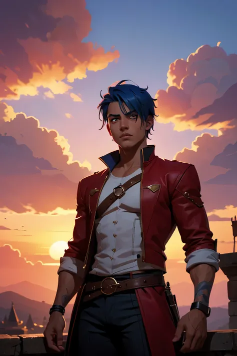 (absurdres, highres, ultra detailed), 1 male, young man, tan skin. eyepatch on right eye, blue hair, dramatic lighting, detailed, masterpiece, standing in front of the castle, sunset light, red and orande sunset tones