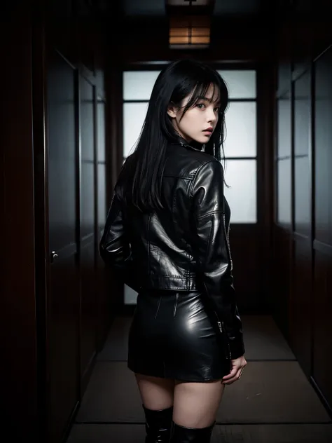 (high resolution、Real Photography:1.2)、dark and mysterious room、evening、twilight atmosphere、hideout、Secret places、desolate world、Tension、claustrophobic room、No escape、despair。backwards、I can see your back、Leather jacket、high heel boots、mini skirt、long blac...