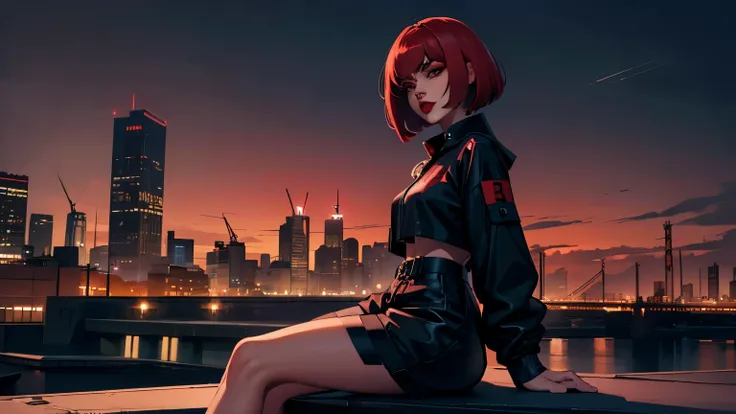 high detailed, 8k, highres, 1girl, solo, sitting on roof, streetwear, fashion, scarlet hair, bob cut, ((dark red lips)), evil, mean, sadistic, landscape, night, city