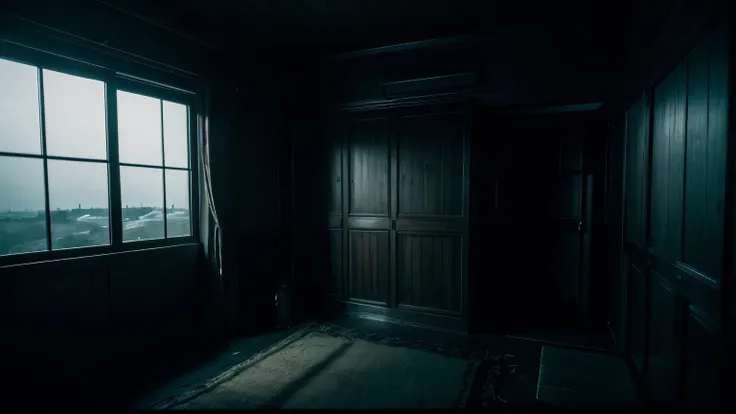 (high resolution、Real Photography:1.2)、dark and mysterious room、evening、twilight atmosphere、hideout、Secret places、desolate world、Tension、No escape、pursuers surrounding、Trackers in hiding、Landscape outside the window、time of fear