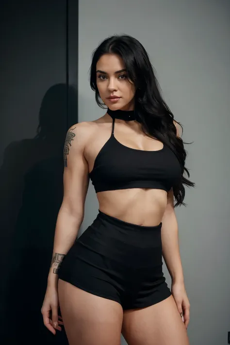 Create a girl as a fitness influencer for instagram with stright black hair, young woman, curvy, thick thighs, well trained legs, long stright black hair, symmetrical asymmetry, the helsinki school, devilcore, minimalistic tattoo on forearm photo real, 4k