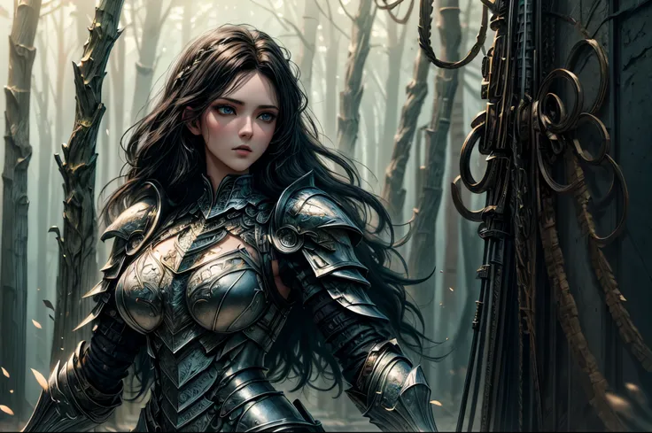 a picture of woman paladin of nature protecting the forest, a woman knight, black hair, long hair, full body (best details, mast...