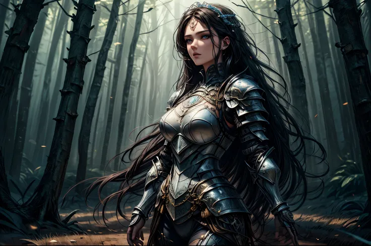 a picture of woman paladin of nature protecting the forest, a woman knight, black hair, long hair, full body (best details, mast...