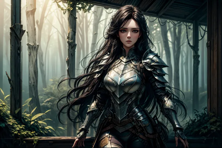 a picture of woman paladin of nature protecting the forest, a woman knight, black hair, long hair, full body (best details, mast...