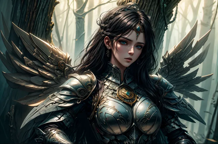 a picture of woman paladin of nature protecting the forest, a woman knight, black hair, long hair, full body (best details, mast...