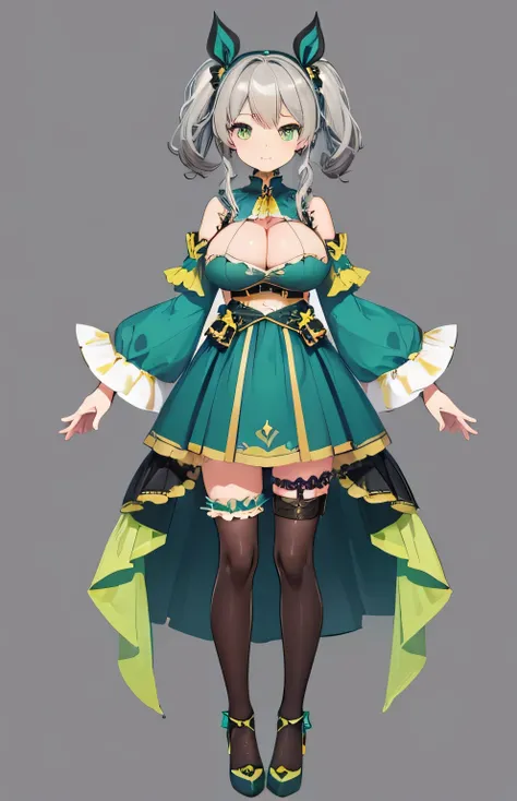 Sin antecedentes, lindo, pecho grande, Idol, Idol costume, ojos verdes, colas gemelas, pelo canoso, Pose de vtuber, cuerpo completo