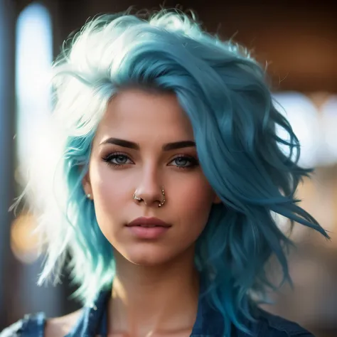 Cuerpo completo, arafed woman with pelo azul and piercings posing for a picture, pretty girl with pelo azul, beautiful woman with pelo azul, beautiful pelo azuled girl, girl with pelo azul, fotografía en color retrato 4k, messy pelo azul, short pelo azuled...