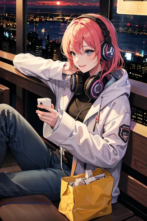 Listening to music through headphones、smiling man、new york at night