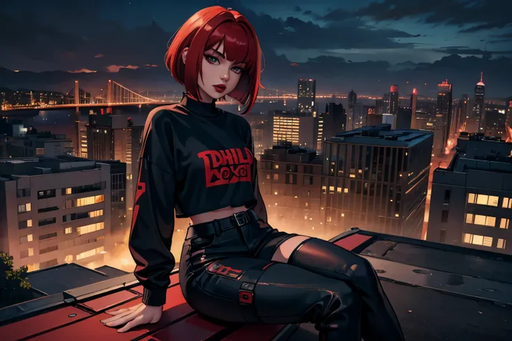 high detailed, 8k, highres, 1girl, solo, sitting on roof, streetwear, fashion, scarlet hair, bob cut, ((dark red lips)), evil, mean, sadistic, landscape, night, city