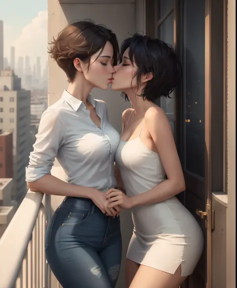 (detailed), two tomboys on a balcony, cityscape, short hair, small breasts, dress shirt, dress, jeans, (kissing:1.2), closed eyes, solo, best quality, best anatomy