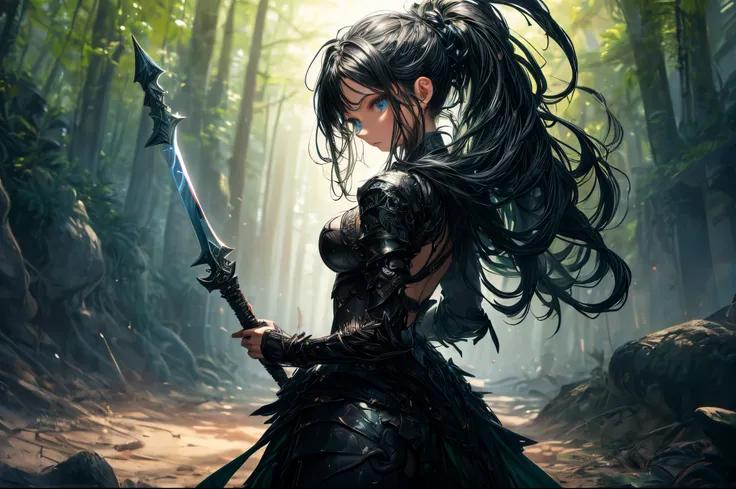 a picture of woman paladin of nature protecting the forest, a woman knight, black hair, long hair, full body (best details, Masterpiece, best quality :1.5), ultra detailed face (best details, Masterpiece, best quality :1.5), ultra feminine (best details, M...