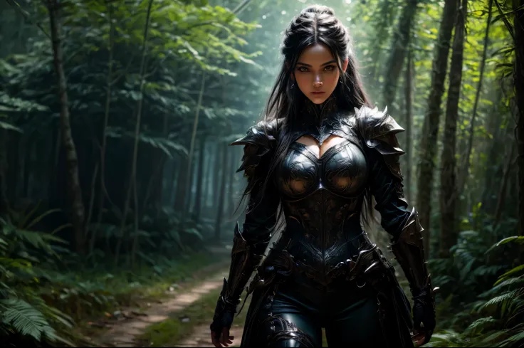 a picture of woman paladin of nature protecting the forest, a woman knight, black hair, long hair, full body (best details, Masterpiece, best quality :1.5), ultra detailed face (best details, Masterpiece, best quality :1.5), ultra feminine (best details, M...