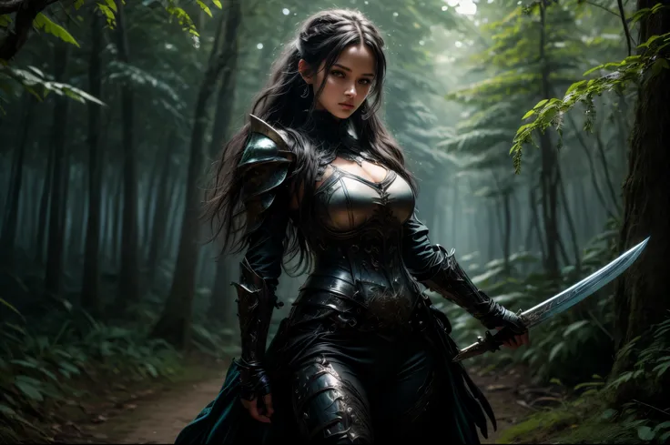 a picture of woman paladin of nature protecting the forest, a woman knight, black hair, long hair, full body (best details, mast...