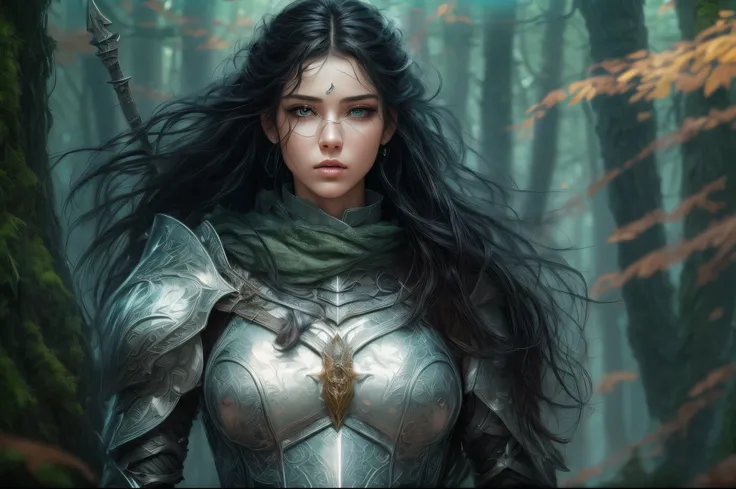 a picture of woman paladin of nature protecting the forest, a woman knight, black hair, long hair, full body (best details, Masterpiece, best quality :1.5), ultra detailed face (best details, Masterpiece, best quality :1.5), ultra feminine (best details, M...