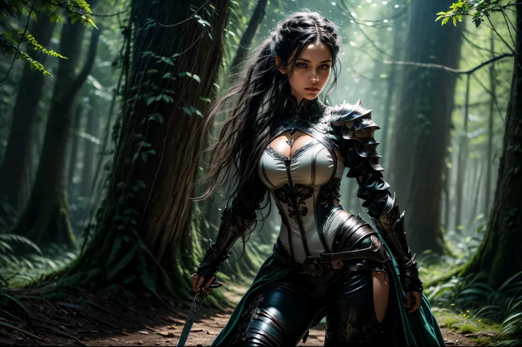 a picture of woman paladin of nature protecting the forest, a woman knight, black hair, long hair, full body (best details, Masterpiece, best quality :1.5), ultra detailed face (best details, Masterpiece, best quality :1.5), ultra feminine (best details, M...