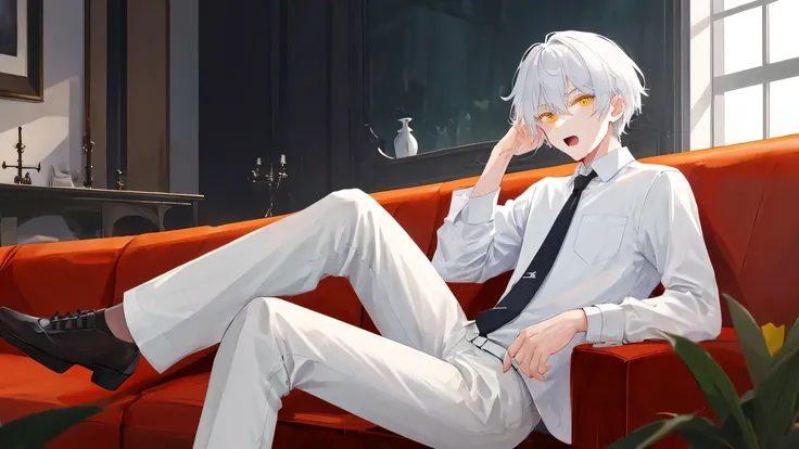 1boy, male focus, sitting, on couch, couch, crossed legs, hand on own face, white shirt, shirt, black pants, pants, necktie, indoors, solo, looking at viewer, open mouth, white hair, yellow eyes,  short hair, best quality, amazing quality, best aesthetic, ...