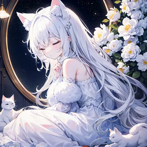 A fluffy white cat, Flowers, sleeping, Long black hair, a night, starry sky