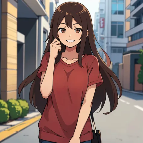 anime illustration of a girl in casual clothes has long brown hair and smiles kindly