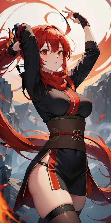 1girl, japanese ninja clothes, red scarf, long wild hair ,orange hair, red eyes, large breast, magic circle, red fire, red flames, wallpaper, landscape, blood, blood splatter, depth of field, night, light particles, light rays, sidelighting, thighs, fate (...