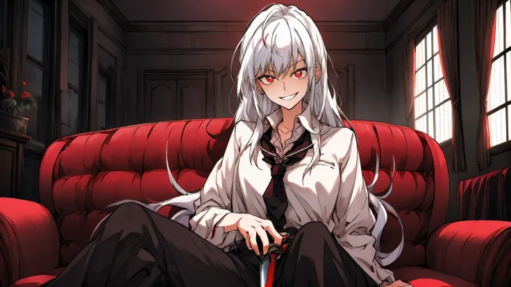 masterpiece, 1 woman, adult, sitting, on couch, couch, smirk, grin, dominant, white shirt, necktie, indoors, castle, holding knife, blood, solo, looking at viewer, white hair, red eyes, best quality, amazing quality, best aesthetic, absurdres, kd_vnstyle

