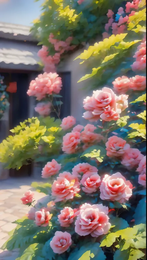 Professional photography, actual, a clump of pink Rose outside the house, beautiful and aesthetic, soft pink, beautiful beauty, Rose in movie lights, Blooming flowers outdoors, Nature and floral aesthetics, Rose花园, Rose, portal made of Rose, beautiful imag...