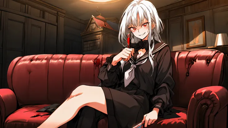 masterpiece, 1 woman, adult, sitting, on couch, couch, smirk, grin, dominant, white shirt, necktie, indoors, castle, holding knife, blood, solo, looking at viewer, white hair, red eyes, best quality, amazing quality, best aesthetic, absurdres, kd_vnstyle

