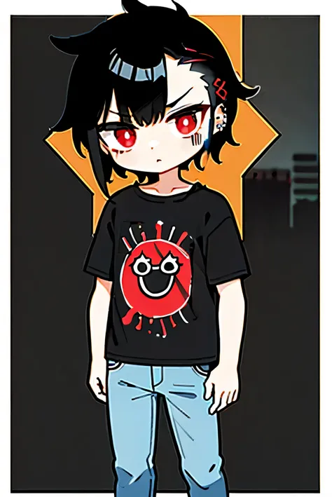 SD, 2d, chibi, 1boy, emo, piercing, mad, metalcore, skrillex, mohawk black hair, red eyes, wearing plain black shirt, denim jeans, city, absurdres, high res, ultrasharp, 8K, masterpiece, looking at viewer
