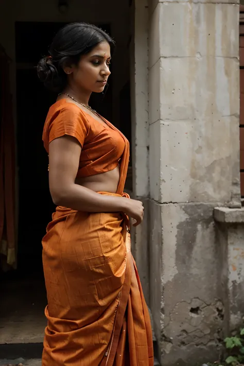 woman in a red and orange sari standing in front of a tree, dressed in a sari, wearing a sari, sari, wearing sari, by Ella Guru, inspired by T. K. Padmini, profile image, by Daphne Allen, by Kathleen Scott, colorful with red hues, wearing bihu dress mekhel...