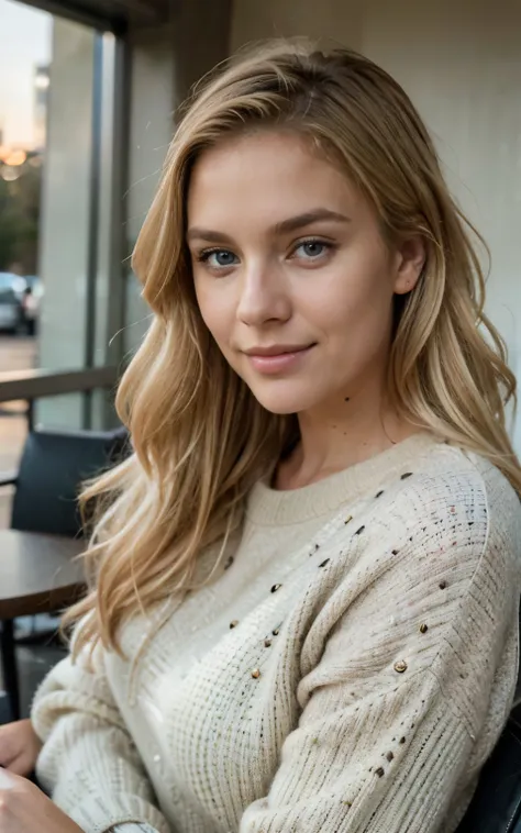 beautiful blonde wearing beige sweater (sipping coffee inside a modern café at sunset), very detailed, 21 years old, innocent fa...