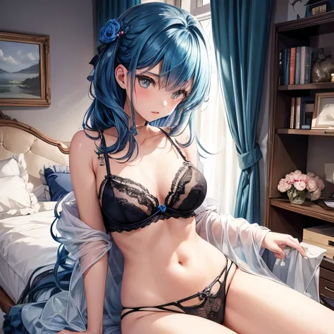 1girl, bluenette hair, rich, lingerie shopping, clothes