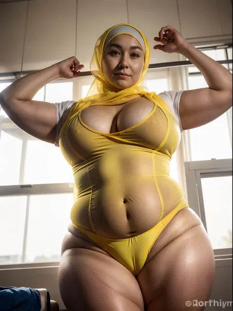 there is a plump hijab woman in a yellow transparent shirt and white pants transparent olding a dumbble, cottagecore!! fitness body, with abs, working out, in a gym, fit pic, body is strong and upright, plumo body, chubby body, thicc, skinny waist and thic...